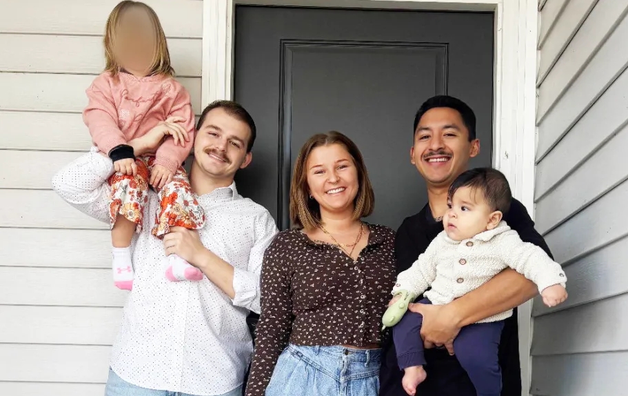 Megan Meyer, 25, with current husband right, and ex husband left